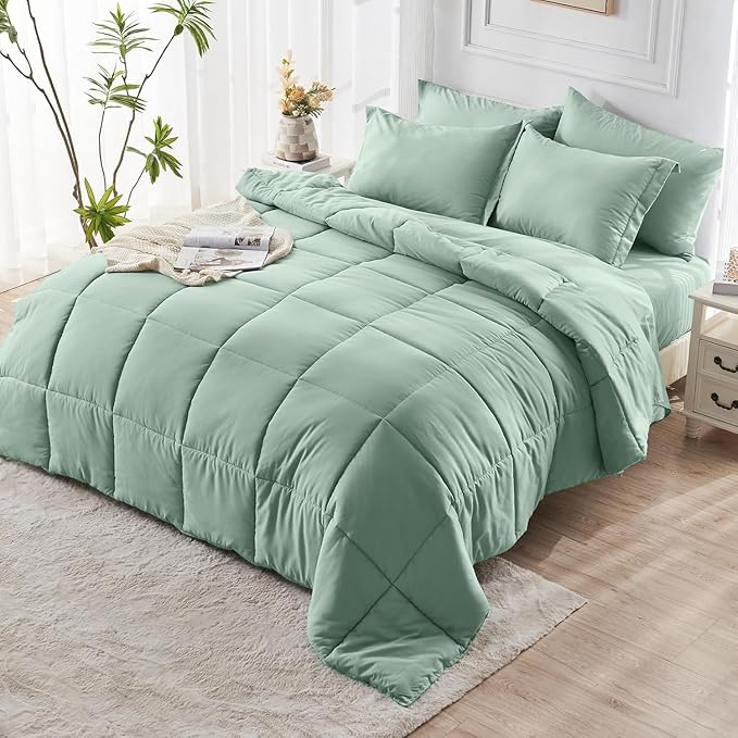 JOLLYVOGUE Twin Comforter Set, Ultra-Soft Bed in a Bag Twin Size 5 Pieces, Oeko-TEX Certified Bedding Set with Down Alternative Comforter, Sheets, Pillowcases & Shams, Sage Green
