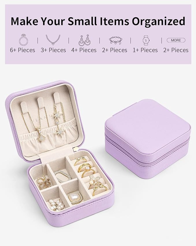 VLANDO Small Travel Jewelry Box Organizer - Girls Women Gift Rings Earrings Necklaces Jewelry Storage Display Case Purple - Image 8
