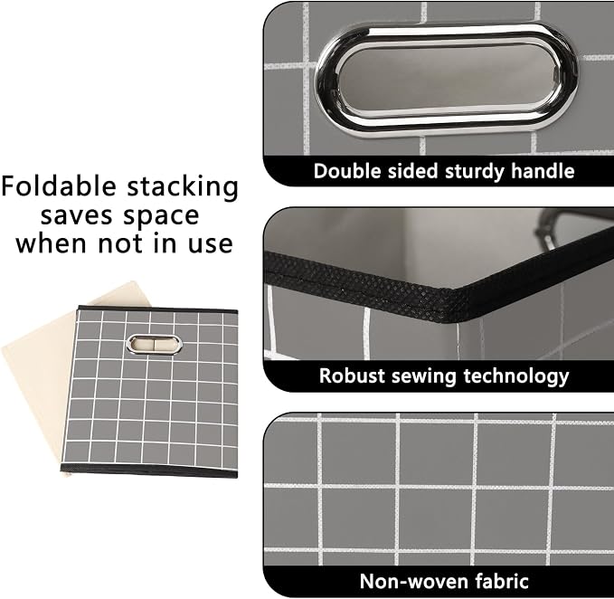 Yunkeeeper storage bins Cubes, Fabric Cube Organizer with Handle, Foldable Cube Bins for Cloth or Accessary Storage, 11x11x11, Set of 6, (Grey grid) - Image 7