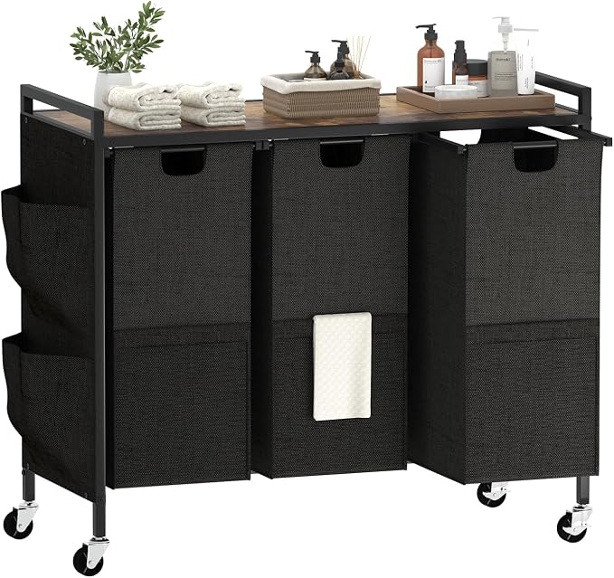 Huhote Laundry Hamper, Laundry Basket, Laundry Sorter with Top Shelf & 3 Removable Washable Bags & Side Pockets for Laundry Room organization, Bathroom and Dorm, Rustic Brown and Black - Image 9