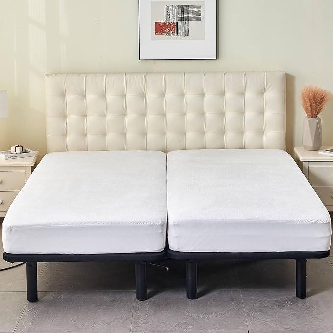 Kingnex Waterproof Split King Mattress Protector for Adjustable Beds Noiseless Soft Bamboo Viscose Terry Surface Fitted Matress Cover with Deep Pocket