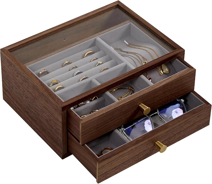Black Walnut Jewelry Organizers and Storage,2 Layer Wooden Jewelry Boxes for Women,for Necklaces Ring Earring (2 Layer) - Image 9