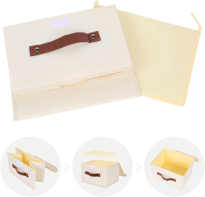 ANMINY Storage Bin with Lid Storage Boxes with PU Leather Handles PP Plastic Board Decorative Foldable Lidded Cotton Linen Fabric Home Cubes Baskets Closet Organizer Container - Beige, Small Size - Image 9