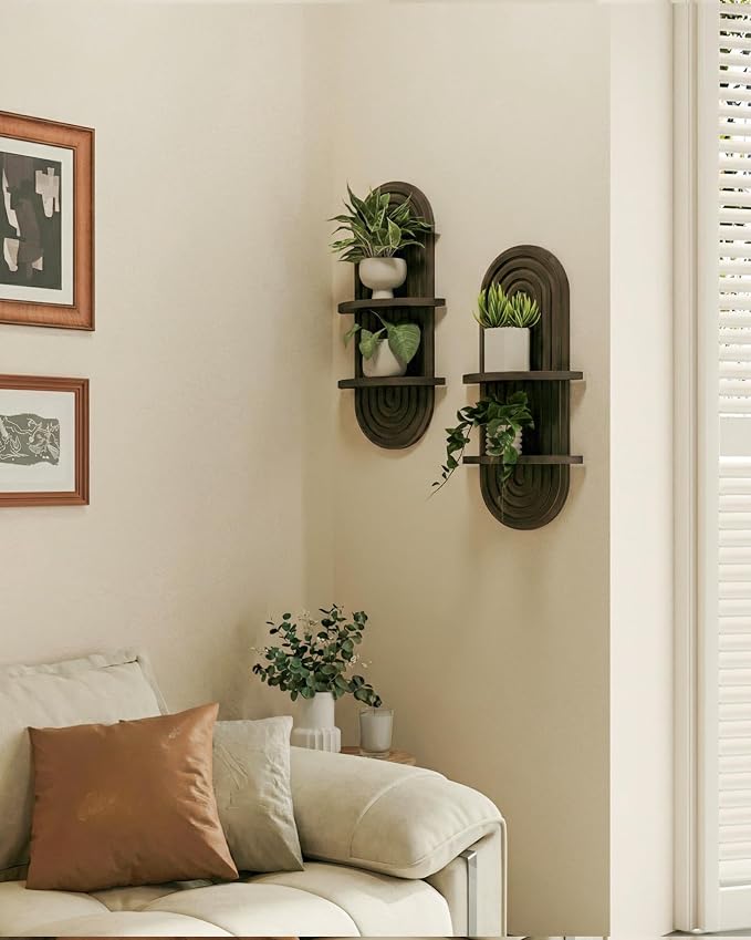 Bamworld Boho Wall Decor 2pcs Plant Wall Shelf, Mid Century Modern Decor Hanging Plant Shelf, 2-Tier Wooden Floating Shelves for Home, Bathroom Bedroom Living Room, Office Planter Decoration Walnut - Image 6