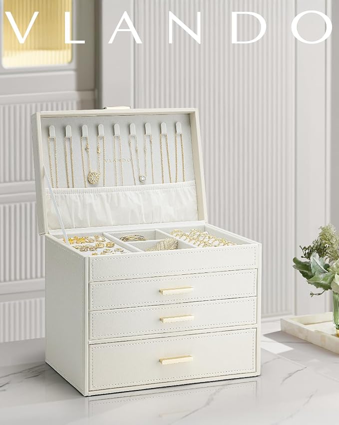 VLANDO 4 Layer Large Jewelry Box - Jewelry Holder Organizer, Jewelry Box Organizer for Drawer Necklace Ring Bracelet and Watch, Birthday Gift for Loved Ones - Beige - Image 7