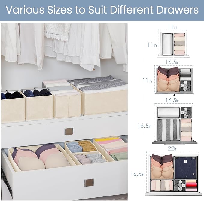 Criusia Drawer Organizer Clothes, 24 Pack Underwear Drawer Organizers, Foldable Closet Organizers and Storage Dresser Drawer Dividers Clothing Organizer for Clothes, Socks, Scarves, Bra, Ties (Beige) - Image 7