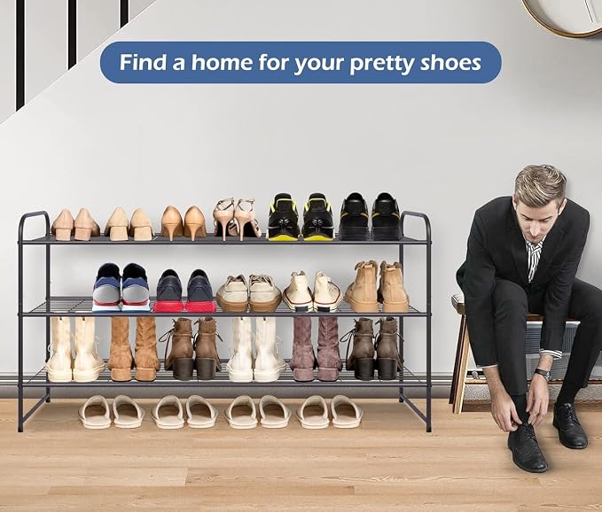 KEETDY Long 3 Tier Shoe Rack for Closet Wide Shoe Storage Organizer Stackable Metal Shoe Shelf for 24 Pairs Men Sneakers with Wire Grid for Closet Floor, Bedroom, Entryway, Bronze - Image 6