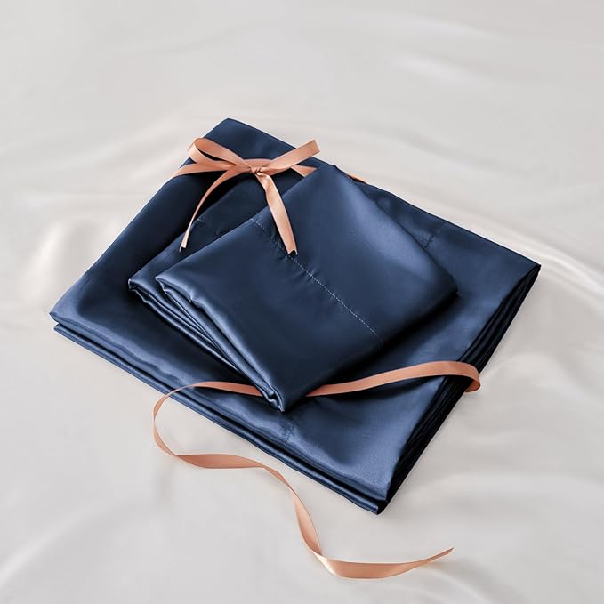BEDELITE Satin Sheets Twin Size Bed Set, Luxury Soft Navy Silky Sheets for Hair and Skin, Similar to Silk Bed Sheets Set 3 Pieces with 1 Deep Pocket Fitted Sheet, 1 Flat Sheet, and 1 Pillowcase