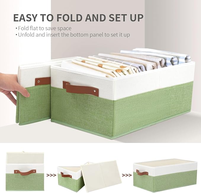 3 Pack Large Capacity Storage Bins Closet Organizer for Shelves, Fabric Closet Storage Baskets Boxes with Leather Handles for Organizing Clothes, Sheets, Jeans, Toys, Books (Green) - Image 7