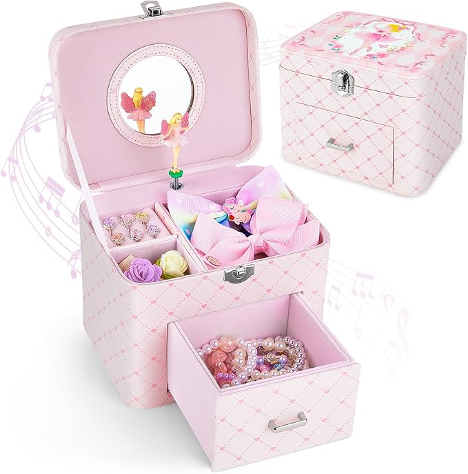 Basumee Musical Jewelry Box for Girls PU Leather Music Box with Drawer Large Kids Jewelry Organizer with Unicorn/Ballerina Jewelry Storage for Little Girls Ages 3–10, Birthday & Holiday Present - Image 8