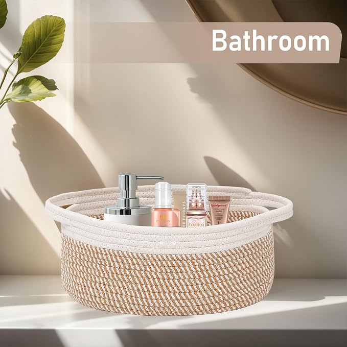 JMvicyroam Woven Basket,Small Rope Storage Bin with Handles & Ribbon Bag, Organizer for Shelves Closets,Gift Basket Empty for Birthday,Books,Dog Toys, White&Brown Block/3 Pack - Image 8