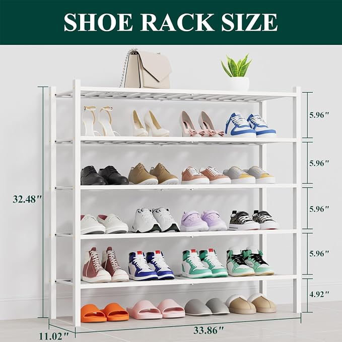 Smiry Shoe Rack, 5 Tier Thick Long Bamboo Shoe Organizer, Stackable Free Standing Wooden Shoe Storage Shelf for Closet, Entryway, Front Door Entrance, White - Image 2