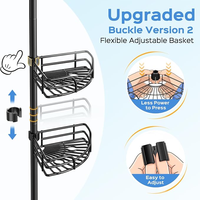 HAMITOR Corner Shower Caddy Tension Pole: 4-Tier Large Capacity Bathroom Organizer Shelf with Towel Bar - Rustproof No-Drill Adjustable 47-123 inch Storage for Renters, Home Bathtub Stand Rack, Black - Image 6