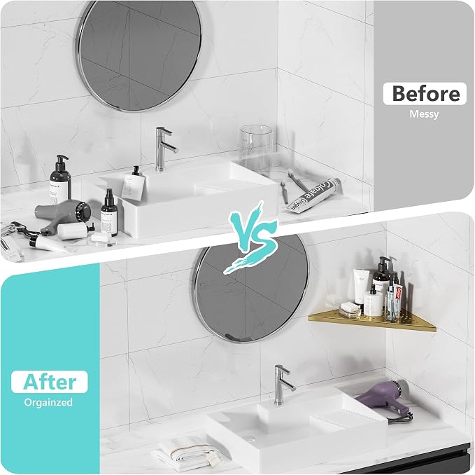 Qeke Bathroom Corner Shelf, Recessed 10" Shower Shelf Caddy, SUS304 Stainless Steel Shelf Wall Mount Triangular, No Drilling, Brushed Golden - Image 7