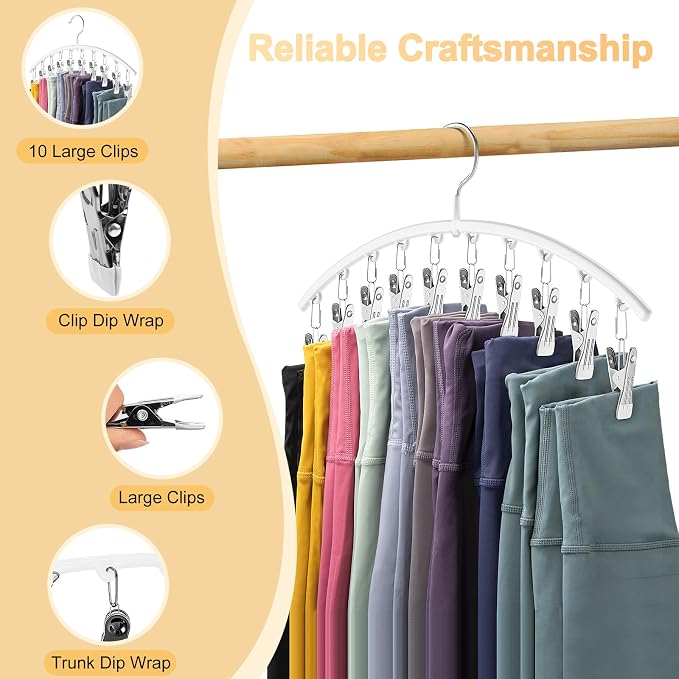Legging Organizer for Closet, Metal Yoga Pants Hanger w/Rubber Coated 1 Pack w/10 Clips Hold 10 Leggings, Hangers Space Saving Hanging Closet Organizer for Closet Organizers and Storage-White - Image 8
