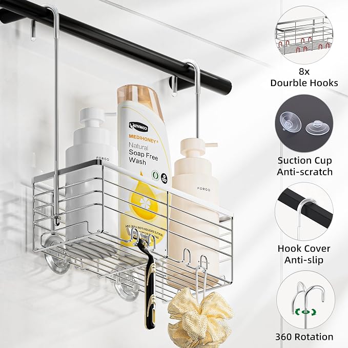 SHANSHUI Shower Hanging Caddy, Bathroom Shower Organizer Basket, Shampoo Bracket, Over Door Showers Rack with Hooks, 304 Stainless Steel Rustproof - Image 6