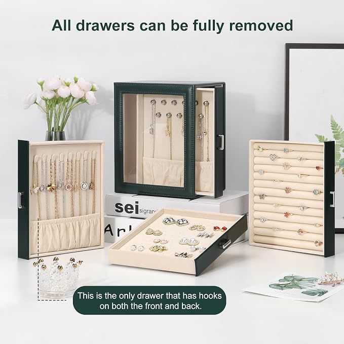 DesignSter Jewelry Box Organizer, Jewelry Box for Women, PU Jewelry Organizer Display Case with Side Drawers, Jewelry Storage for Earring Necklace Ring Bracelet Watch - Image 7