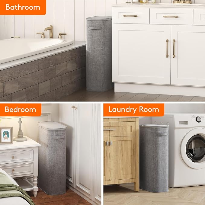 Lifewit Slim Laundry Basket with Lid, Narrow Large Laundry Hamper with Plastic Handles and Removable Bag, Tall Foldable Dirty Clothes Hampers for Laundry Room, Bedroom, Bathroom, Dorm, 75L Gray - Image 9