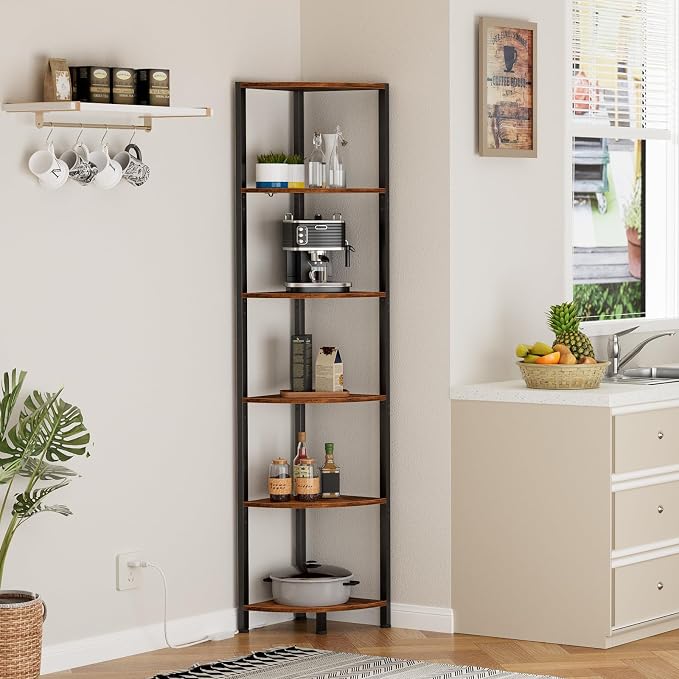 Furnulem 6 Tier Corner Shelf with LED Light, 67.5” Tall Standing Shelf Organizer, Narrow Bookshelf with Storage Rack for Wall Corner, Living Room, Bedroom, Metal Frame, Wood Display Shelf - Image 8