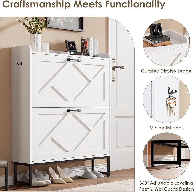 Nicetree Shoe Cabinet with 2 Flip Drawers, Freestanding Shoe Organizer, Shoe Cabinet with Metal Legs, Narrow Shoe Rack Cabinet for Entryway, Foyer, Hallway, White - Image 9