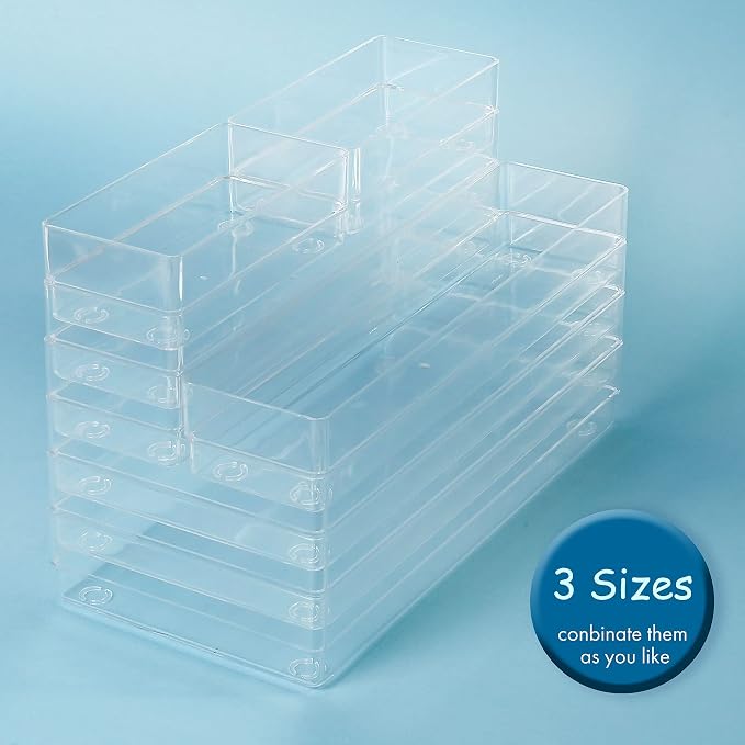 LotFancy Clear Drawer Organizers, 12” x 3” x 2”, Set of 3, Drawer Organizer Trays for Desk, Plastic Storage Bins for Bathroom, Makeup, Utensils, Stackable - Image 7