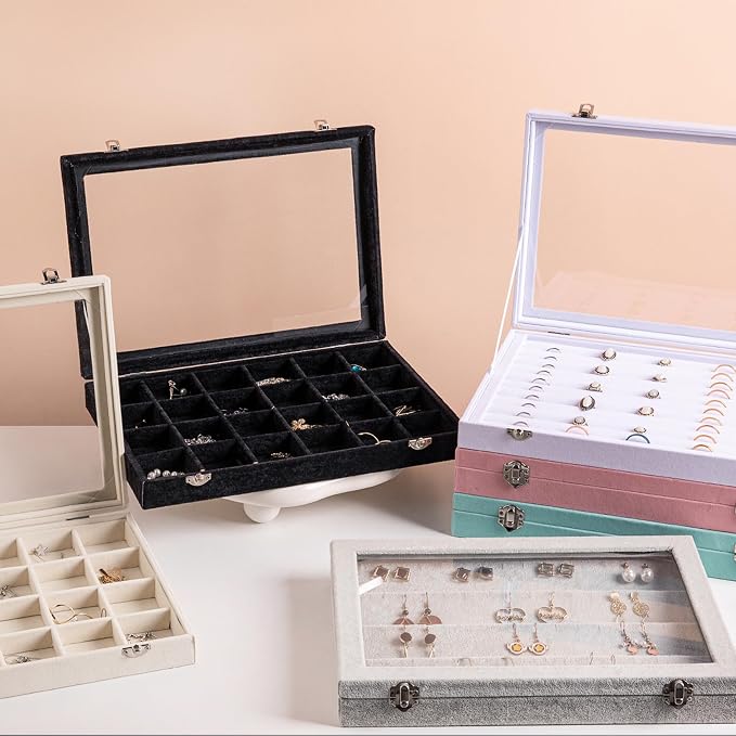 Frebeauty Rings/Earrings Organizer Tray with Clear Lid 10 Slots Velvet Drawer Insert Jewelry Storage box Transparent Glass lid Jewelry Display Case Showcase Gift for Girls Women (Pink, 10 Slots) - Image 7