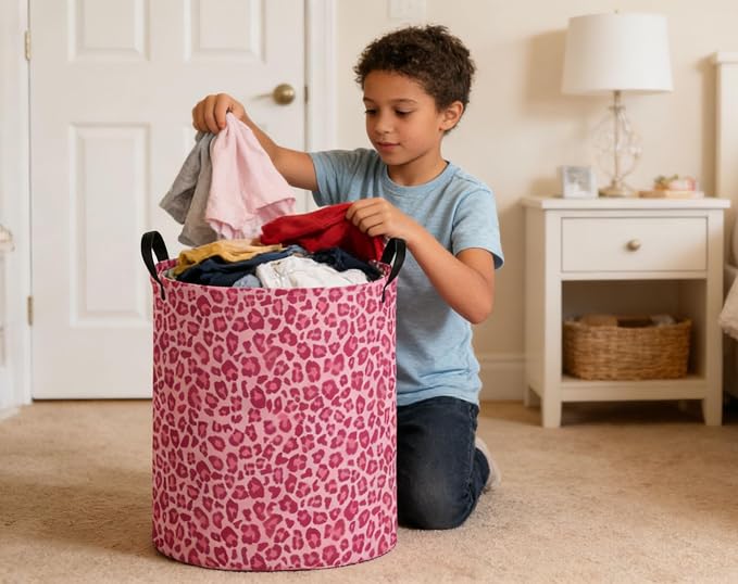 Kids Laundry Basket Pink Hamper for Nursery Hamper Cute Kids Storage Bin Room Decor for Home(Pink leopard print) - Image 6