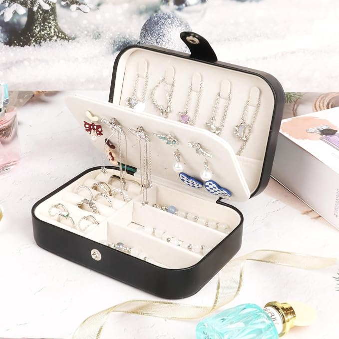 Travel Jewelry Case for Women Girls,PU Leather Small Travel Box Organizer, 6.3x4.3,Black,1Pack - Image 8