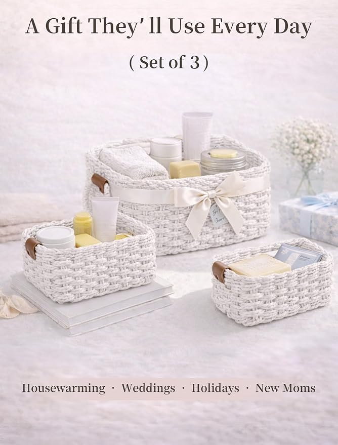 Storage Basket, Recycled Paper Rope Bathroom Basket Organizer, 3Pcs Small Baskets for Organizing, Mini wicker Basket for Decorative Storage Bins, Shelves, Bathroom, Cabinet - White - Image 7