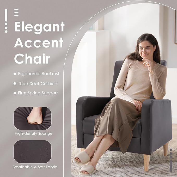 COLAMY Modern Accent Living Room Chairs Set of 2, Upholstered Faux Leather Armchairs Reading Side Chair, Single Sofa with Back Pillow and Wood Legs, Brown
