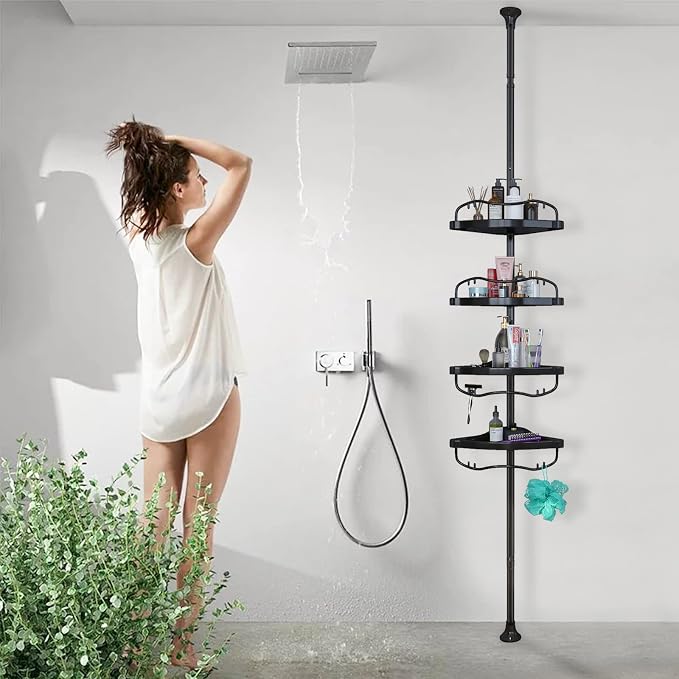 Shower Caddy,Shower Caddy Tension Pole with 4 ABS Baskets,Shower Storage Shelf with 56 to 125 Inch Adjustable Stainless Pole for Bathroom Black - Image 7