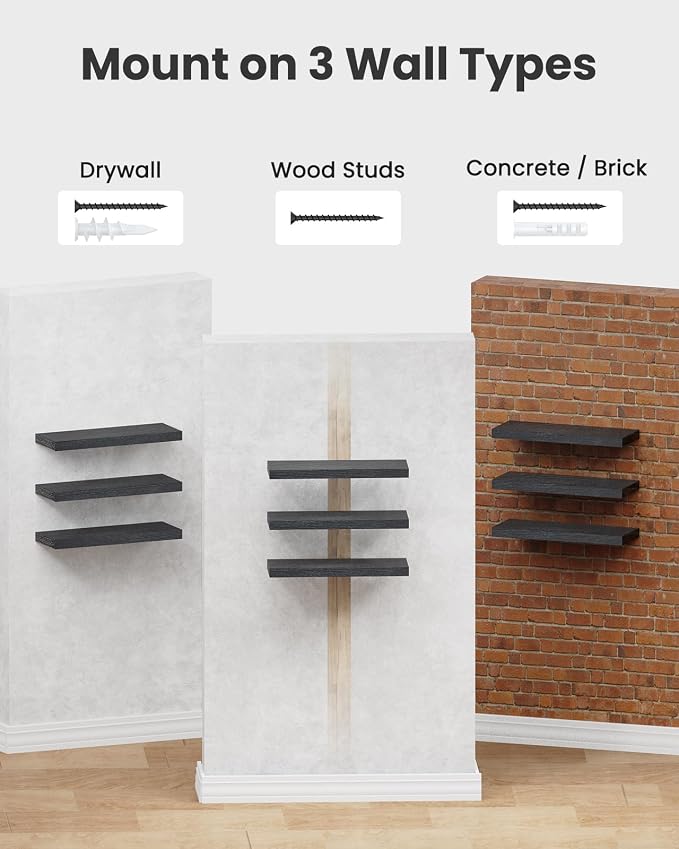 AMADA HOMEFURNISHING Floating Shelves Black, Wall Shelves with Invisible Brackets for Bedroom, Bathroom, Living Room, Kitchen, Set of 3 - AMFS07 - Image 7