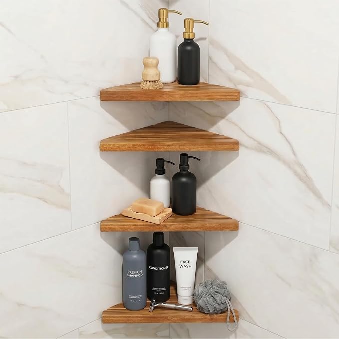 ENKEZI Acacia 2,3,4 Tiers Corner Shower Shelf, Triangular Corner Shelf Wooden Bathroom Shelf for Tiled Wall, Shower Corner Shelf, No Drilling Requied (4) - Image 7