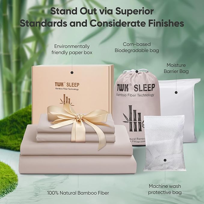 TWK Luxury Sheet Set, Genuine 100% Organic Viscose Derived from Bamboo, Cooling & Breathable, Silky Soft, Bedding Sheets & Pillowcases (Sand, California King(72 * 84 * 18inch))