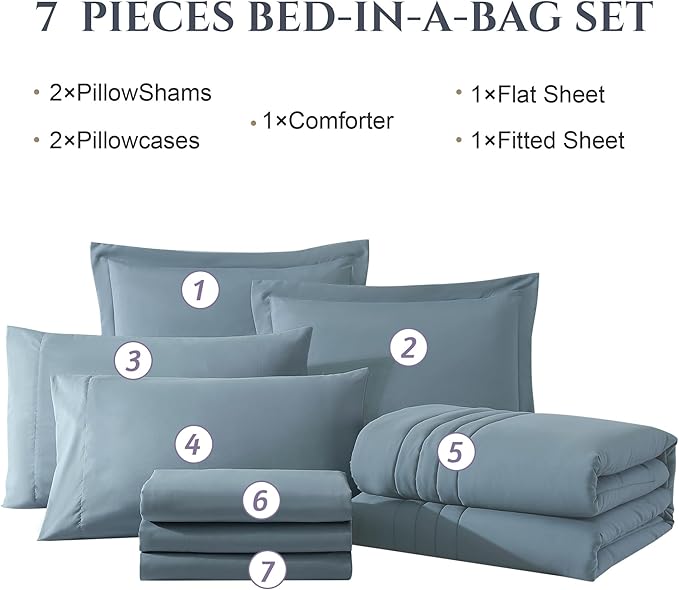 Monbix Queen Comforter Set - 7 Pieces Dusty Blue Bed in a Bag Queen Bedding Sets with Comforters, All Seasons Comforter Bed Set with Sheets, Pillowcases & Shams