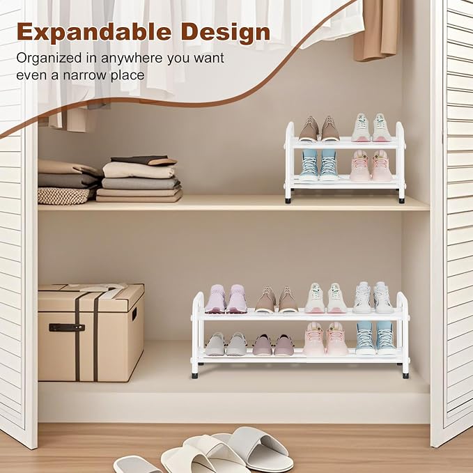 KANAV 2-Tier Expandable Shoe Rack, Heavy Duty Adjustable Metal Shoe Organizer for Closet & Entryway, Freestanding, Tool-Free Assembly, White - Image 7