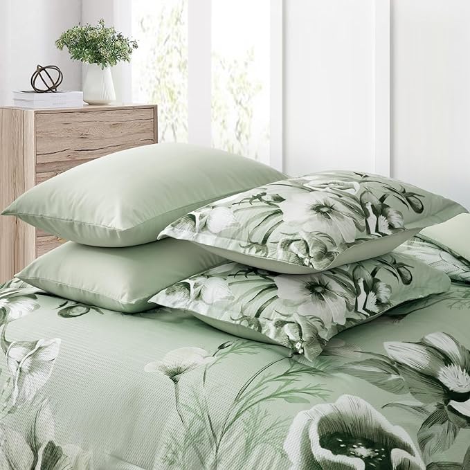 Luxudecor Floral Comforter Set Queen Size 7 Piece, Sage Green Flower Bed in a Bag, Elegant Floral Comforter with Sheet Set, Soft Seersucker Microfiber Bedding Set (Sage Green, 90"x90")