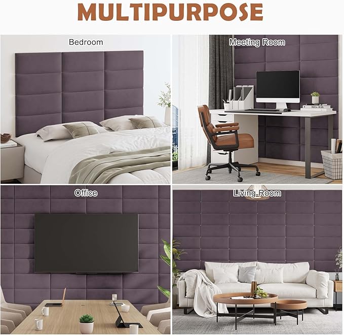 IFNOW Wall Mounted Upholstered Headboard King, 3D Peel and Stick Soundproof Panels, Reusable and Removable Padded Leather Bed Headboard, 12 Panels 9.84" x 23.62", Dark Purple
