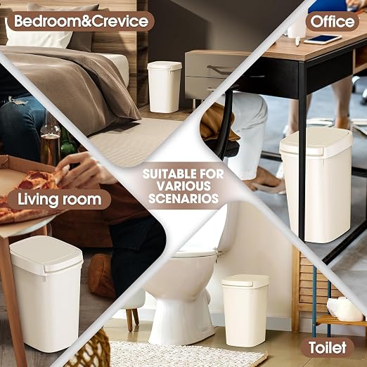 CEROELDA 3 Pack Bathroom Trash Can with Lid, 10L/2.6 Gal Small Garbage Can with Press Top Lid, Slim Plastic Waste Basket for Toilet, Office, Bedroom (Beige) - Image 6