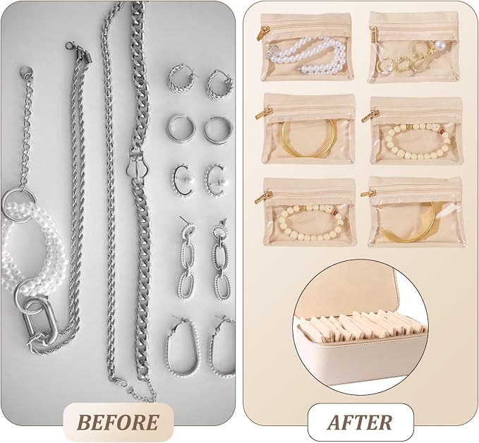 Travel Jewelry Organizer, Travel Jewelry Box with 12 Velvet Zipped Pouches Bags for Jewelries Necklaces Rings Earrings Sorting Storage for Women Girl Gifts, Ivory - Image 5