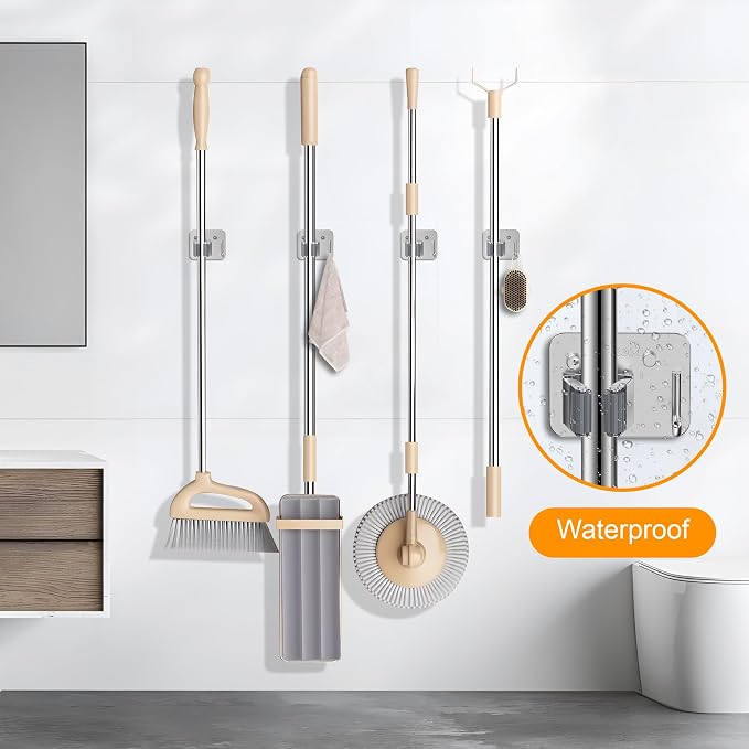 4 Pack Stainless Steel Mop and Broom Holder Wall Mount with Hook, Screw Drilling Mop and Broom Hanger, Single Heavy Duty Storage Rack for Laundry Garage Closet Garden Tool Organizer, Silver - Image 9