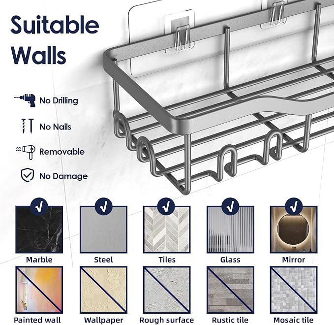 NESOMI Shower Caddy Adhesive Shower Organizer 7-Pack, Rustproof Stainless Steel Bathroom Shelves, Large Capacity No-Drill Rack Storage Accessories with Soap Dish Toothbrush Holder Hooks - Image 9