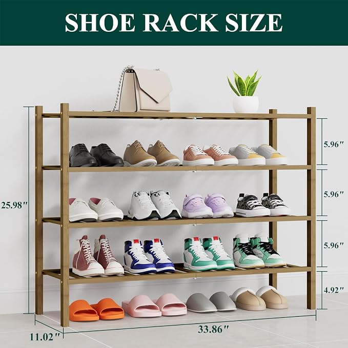 Smiry Shoe Rack, 4 Tier Thick Long Bamboo Shoe Organizer, Stackable Free Standing Wooden Shoe Storage Shelf for Closet, Entryway, Front Door Entrance, Walnut - Image 2