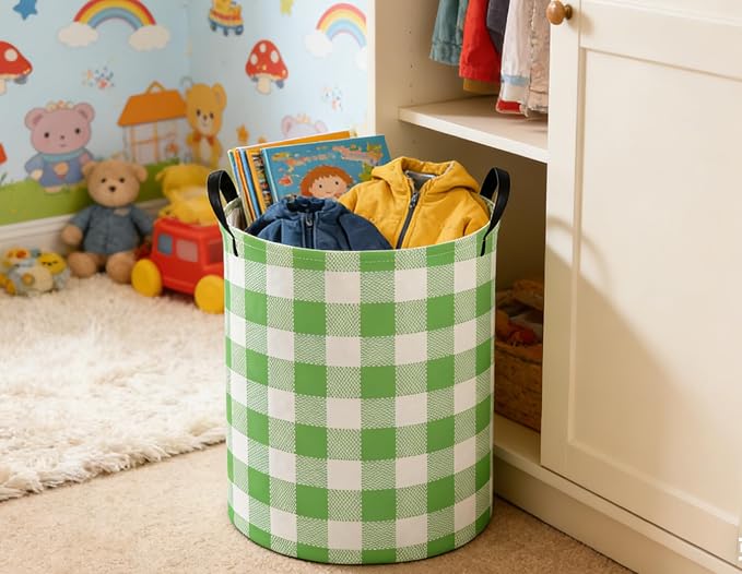 Kids Laundry Basket Grid Hamper for Nursery Green Hamper Cute Kids Storage Bin Organizer Room Decor for Home(Green Grid) - Image 6