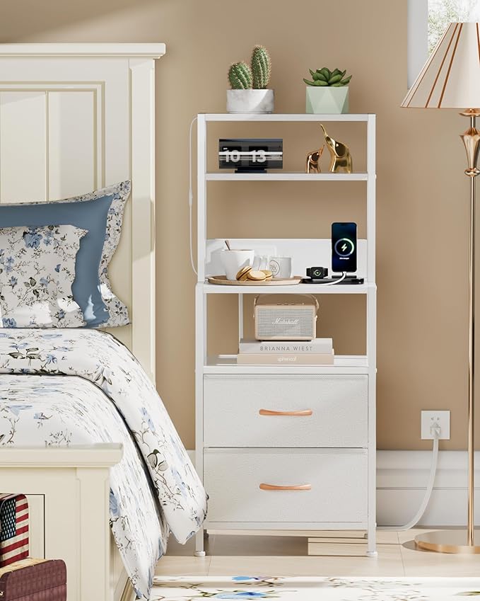 Furnulem Night Stand, Tall White Nightstand with 4-Tier Shelves, 2 PU Fabric Drawers and Light Tube, Bed Side Tables with Charging Station, Bedside Table for Bedroom