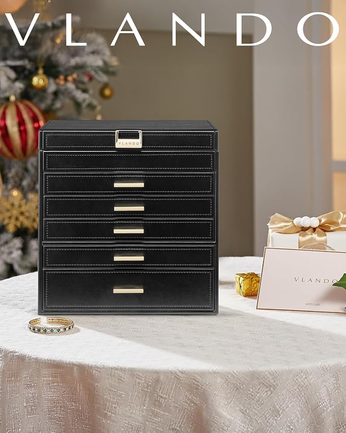 VLANDO 6 Layer Large Jewelry Box - Jewelry Holder Organizer, Jewelry Box Organizer for Drawer Necklace Ring Bracelet and Watch, Birthday Gift for Loved Ones - Black - Image 6