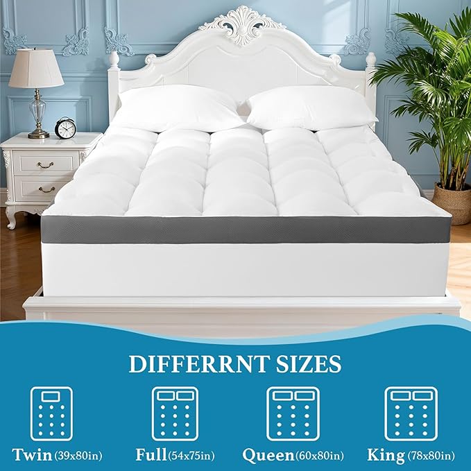 4 Inch Memory Foam Mattress Topper, Cooling Extra Thick 2000 GSM Pillow Top Mattress Pad for Back Pain Relief,Soft Breathable Mattress Cover for Fluffy Shredded Memory Foam Filled,(King, 78"x80")