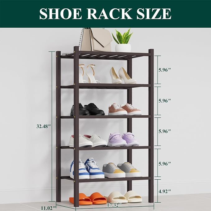 Smiry Shoe Rack, 5 Tier Thick Small Bamboo Shoe Organizer, Stackable Free Standing Wooden Shoe Storage Shelf for Closet, Entryway, Front Door Entrance, Brown - Image 2