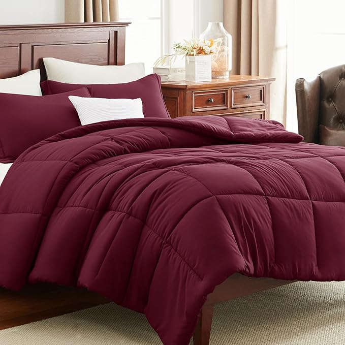 CozyLux King Size Comforter Set - Burgundy Comforter King Size, 3 Pieces Box Stitched Bed Set for All Seasons, Soft Lightweight Bedding Sets with 1 Down Alternative Comforter and 2 Pillow Shams