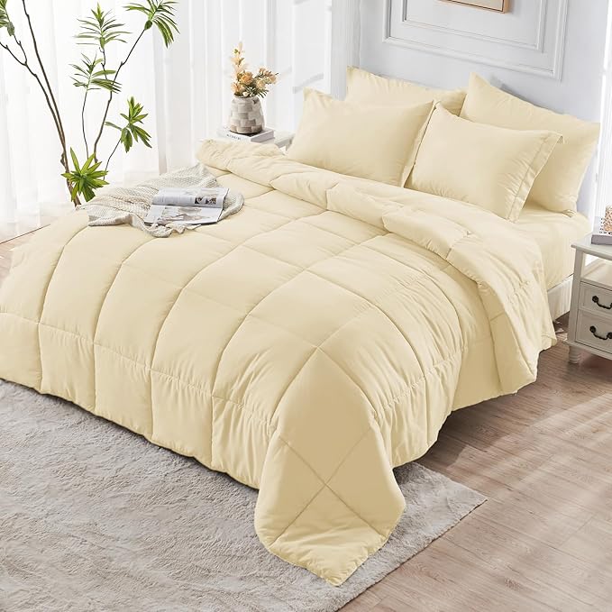JOLLYVOGUE King Comforter Set, Ultra-Soft Bed in a Bag King Size 7 Pieces, Oeko-TEX Certified Bedding Set with Down Alternative Comforter, Sheets, Pillowcases & Shams, Light Yellow